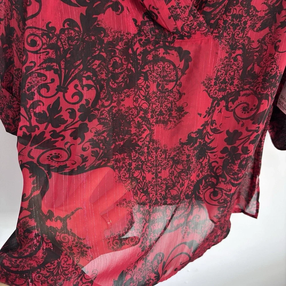 Catherines Women's Sheer Abstract Top Size 0X Red Metallic Stripes Whimsigoth‎ - Picture 8 of 11